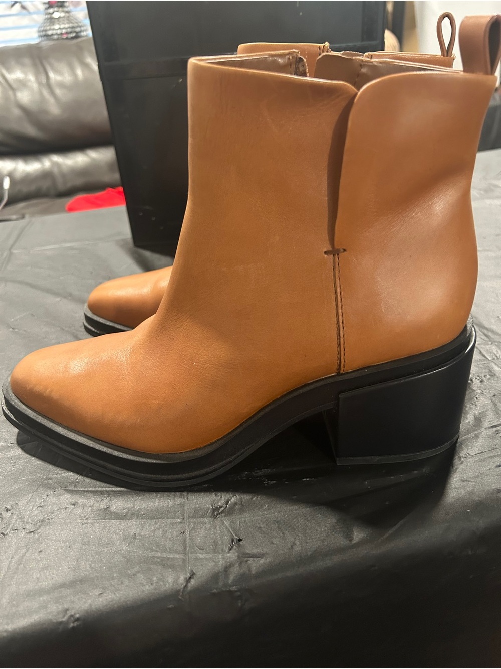 Franco Sarto Cognac Leather Block Heel Ankle Boots